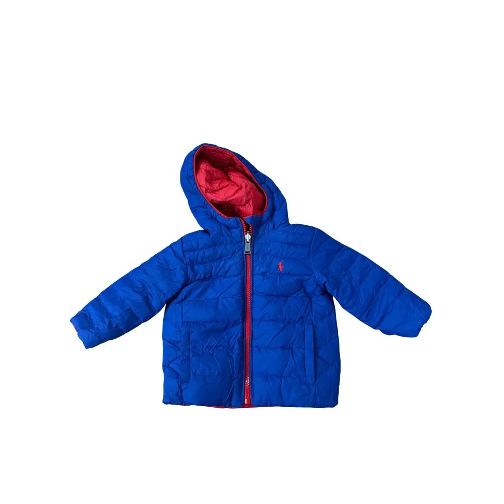 Ralph Lauren Baby Reversible Puffer Jacket‎ Red Blue Hooded Cozy Preppy Size 9M